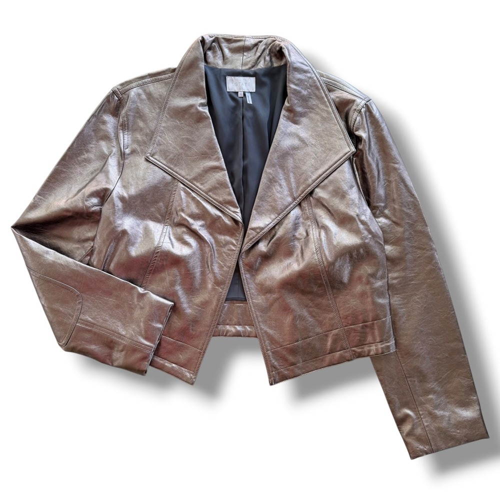 1.STATE Women XL Bronze Metallic Faux Leather Cropped Open Front Moto Jacket Y2K